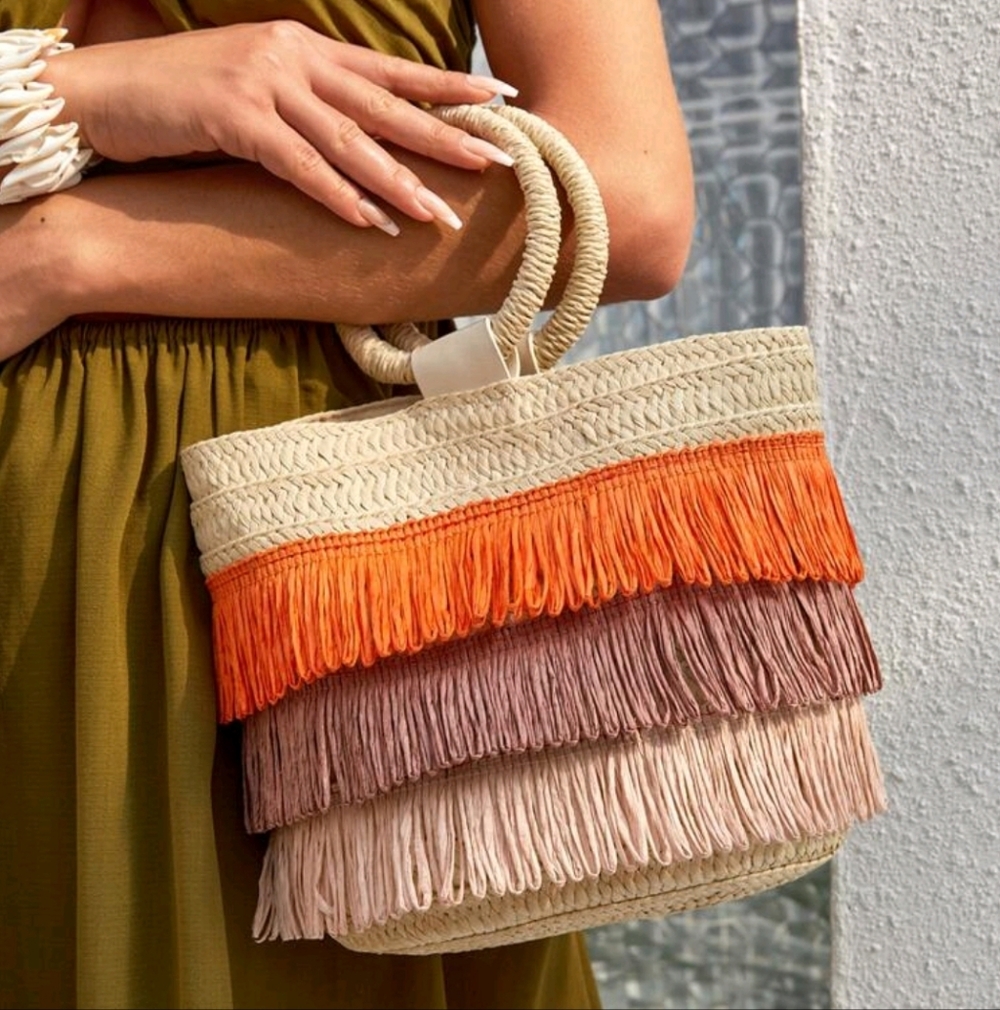Fringed Straw Tote Bag in Orange, Mauve & Beige - Picture 3 of 6